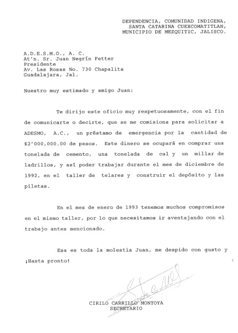 Petición Telar Nueva Colonia 1992