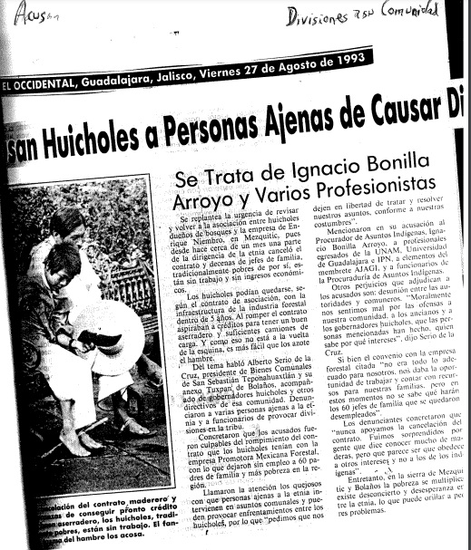 Acusan huicholes a personas ajenas de causar divisiones a su comunidad ~ 27 de agosto de 1993