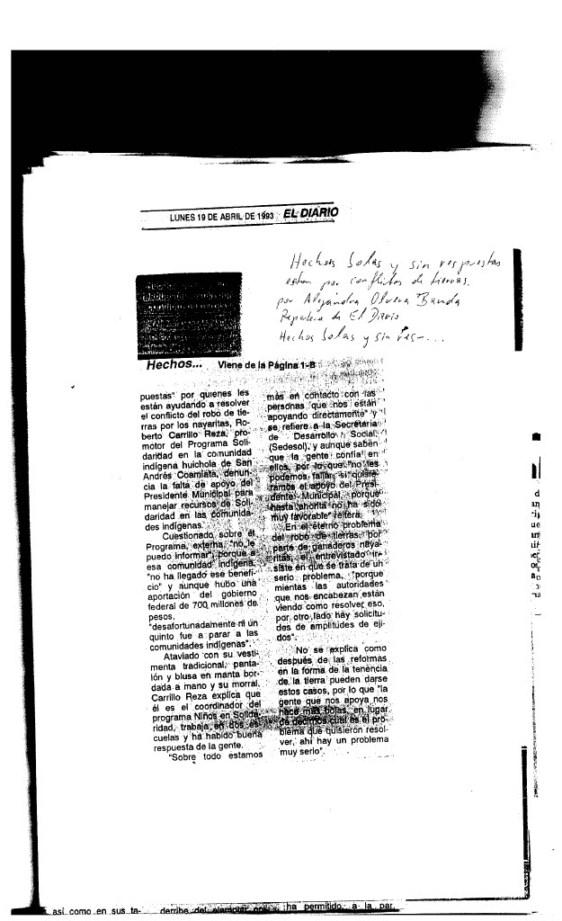 Hechos solos y sin respuestas por conflictos de tierras ~ 19 de abril de 1993