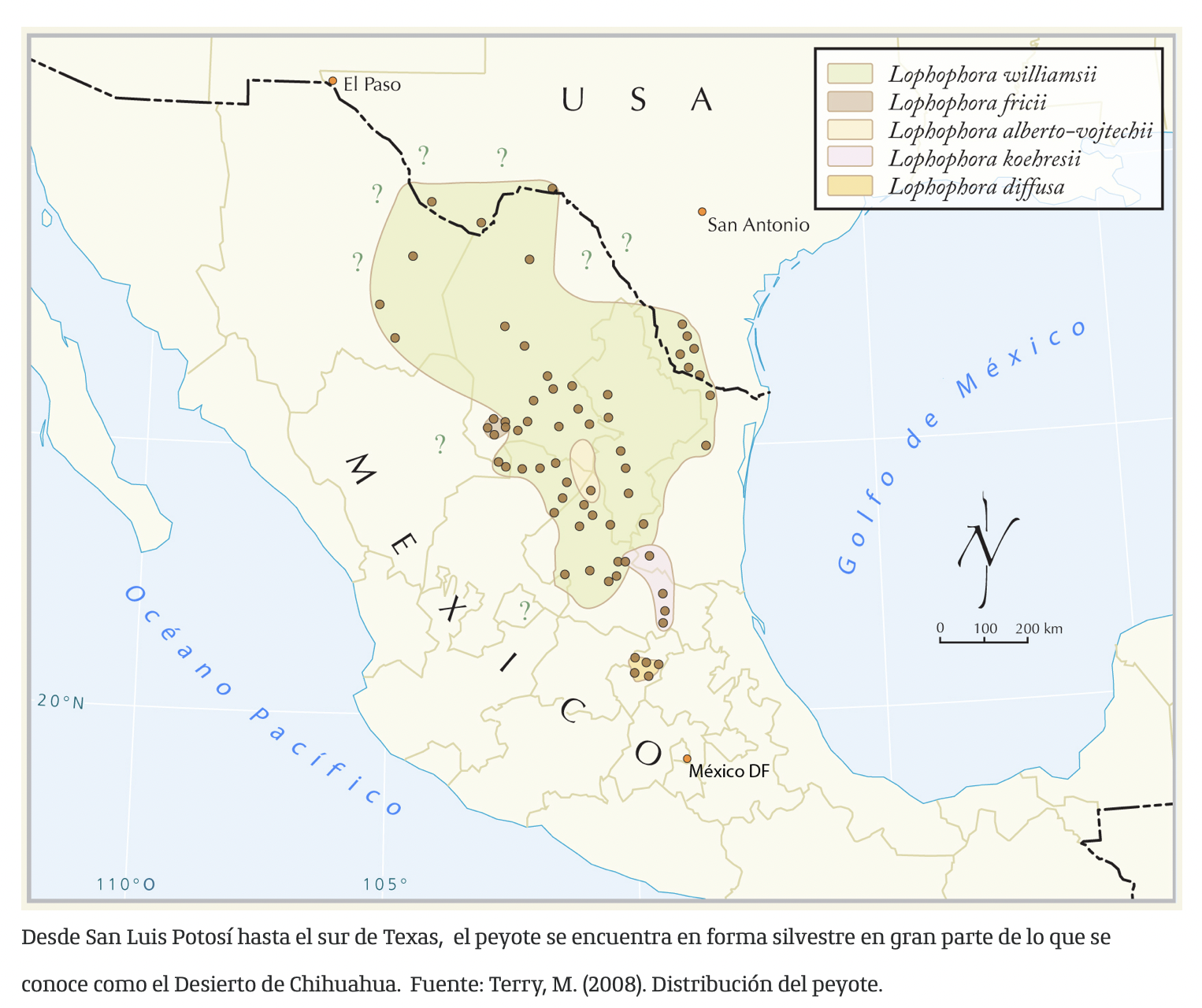 Distribución del peyote. Cortesía Martin Terry (2008).