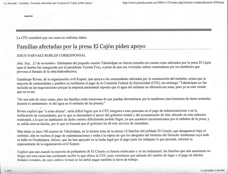 Familias afectadas por la presa El Cajón piden apoyo