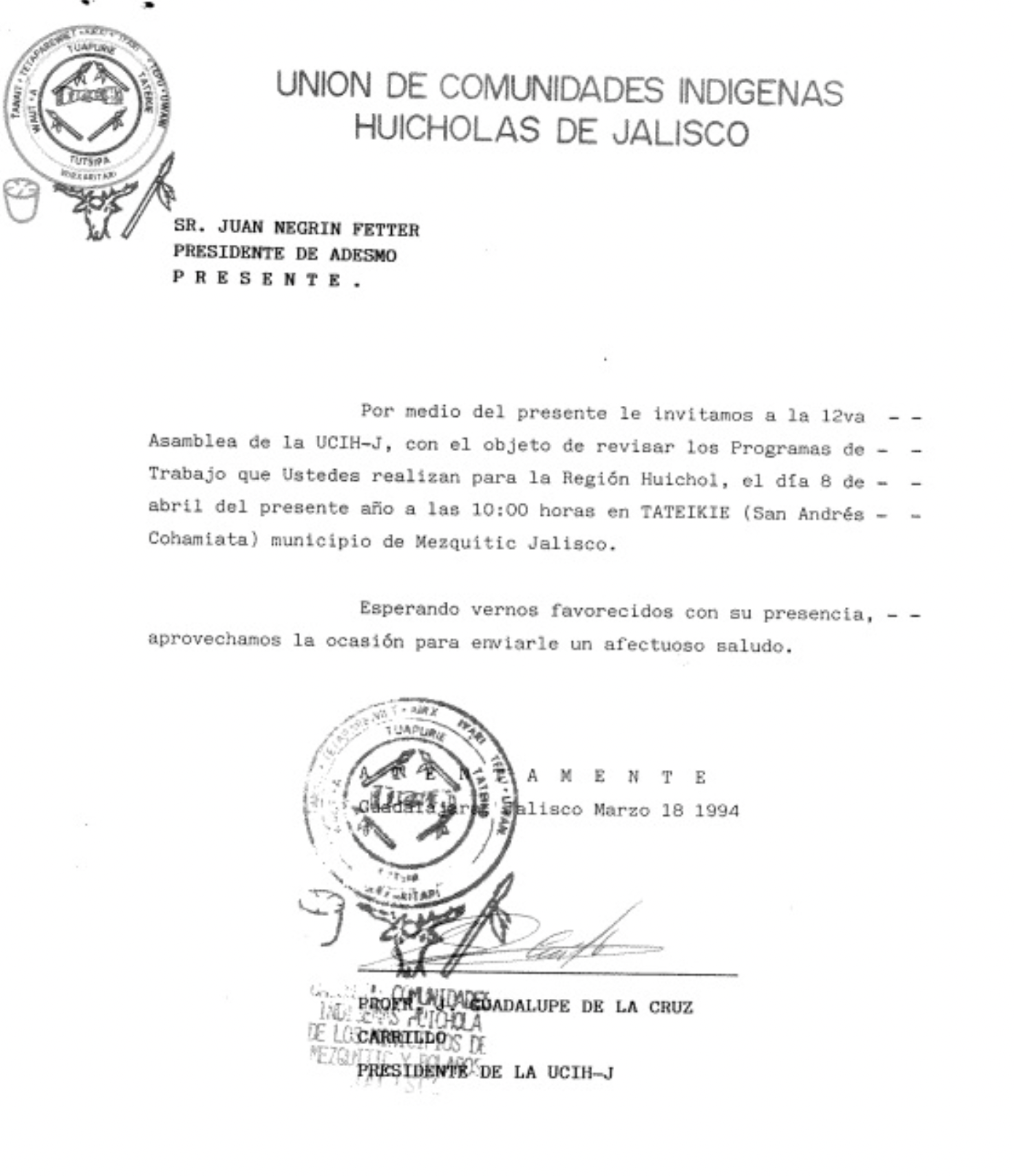 Invitación a ADESMO a la 12va Asamble a de la UCIHJ