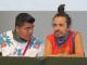 Wixarika leader Santos de la Cruz consults with Ruben Albarran of Café Tacuba in a May 2012 press conference right before Wirikuta Fest. Photo ©Tracy Barnett