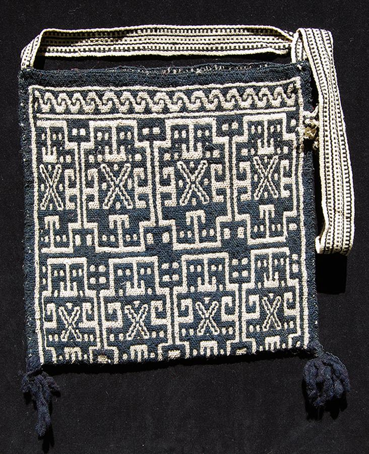 Indigo and white woven wool shoulder bag.